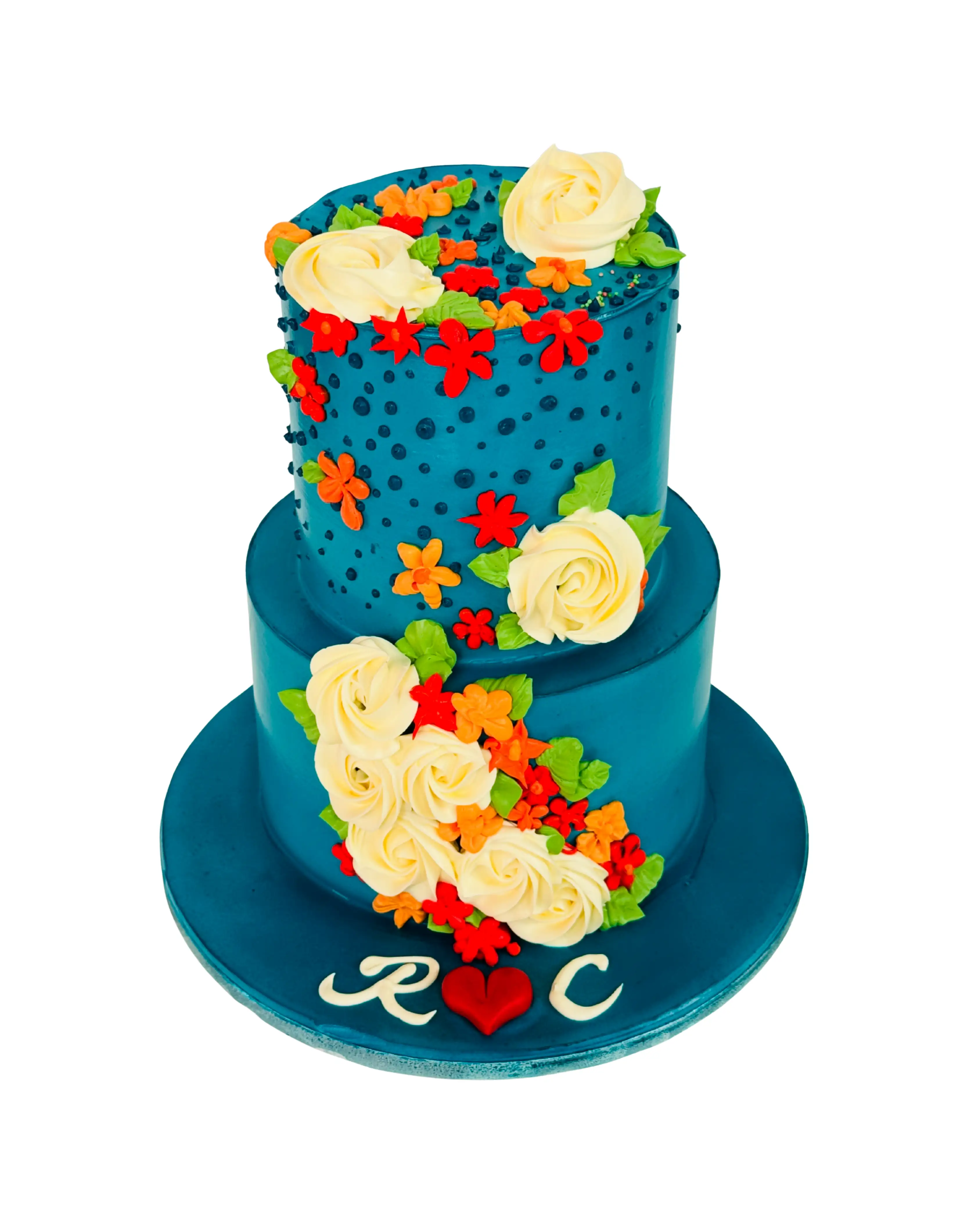 cake image of Teal & Citrus Floral Cascade Cake